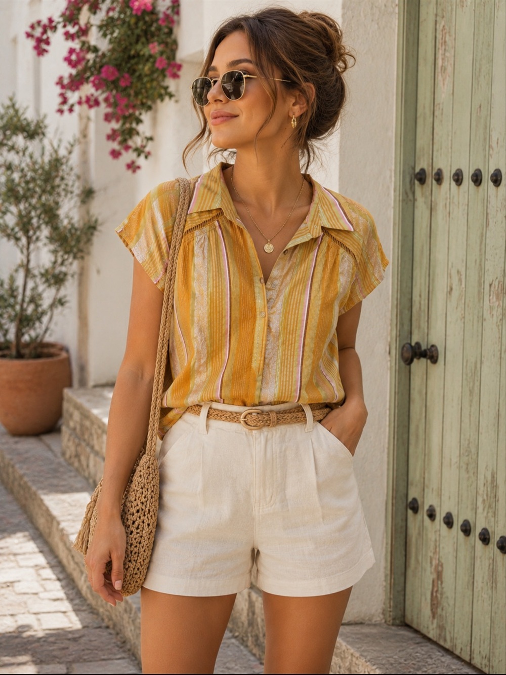 Anthropologie Yellow Striped Short-Sleeve Button Polo Blouse